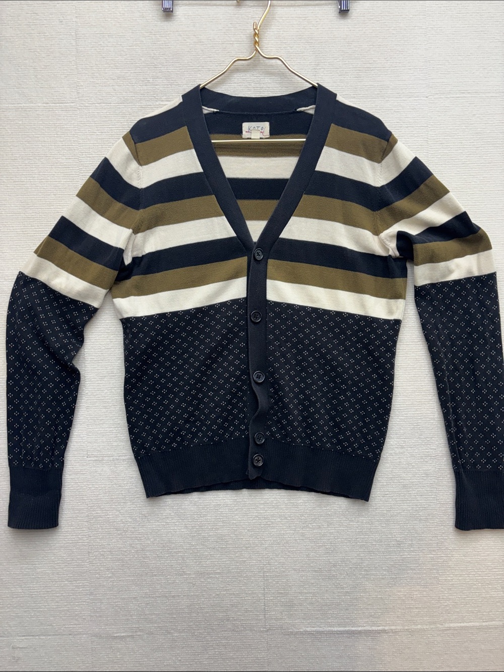 Koto | medium Striped V-Neck Cardigan Sweater - Black, Olive & Cream